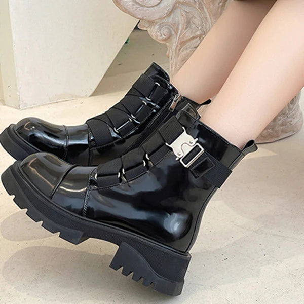 Myquees Fashion Patent Leather Multi Buckle Straps Combat Boots