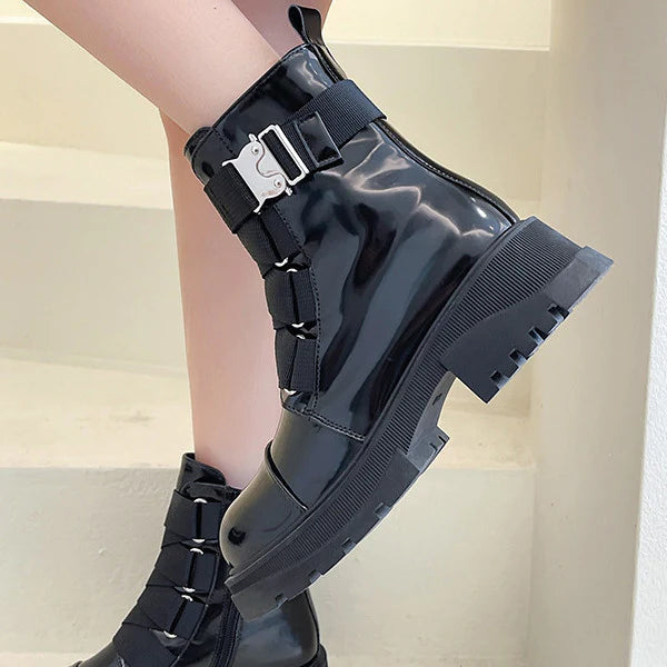 Myquees Fashion Patent Leather Multi Buckle Straps Combat Boots