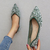 Myquees Pointed Toe Rhinestone Pearl Decor Flats