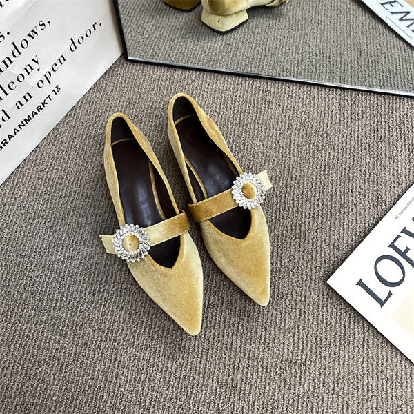 Myquees Pointed Toe Suede Rhinestone Buckle Mary Jane Shoes