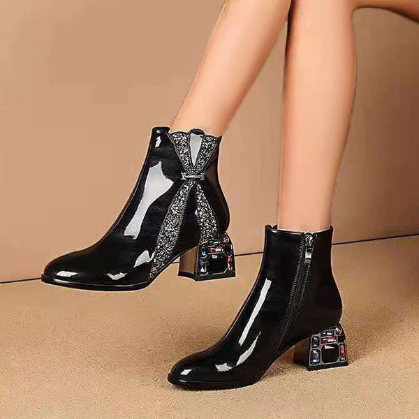 Myquees Bling Rhinestone Sequined Patent Leather Ankle Boots
