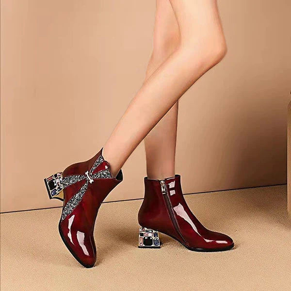 Myquees Bling Rhinestone Sequined Patent Leather Ankle Boots