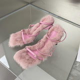 Myquees Fur Straps Buckle Stiletto Heeled Sandals