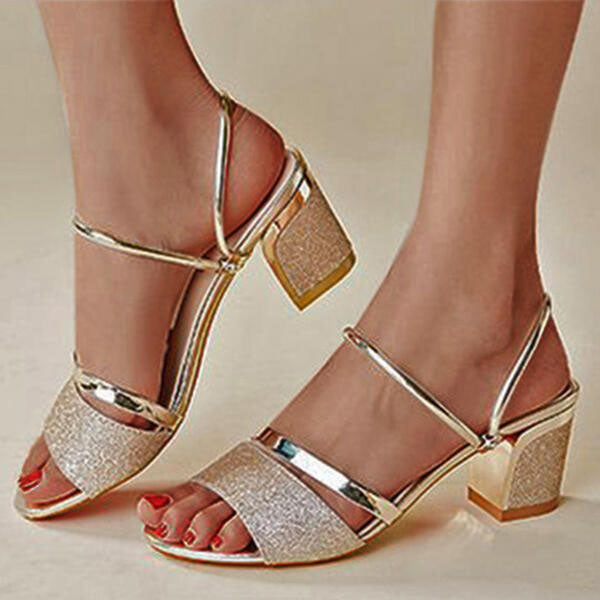 Myquees Sequin Hollow Out Chunky Heel Sandals