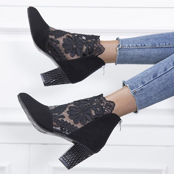 Myquees Applique Stitching Lace Zipper Floral Boots