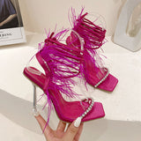 Myquees Fluffy Feather Rhinestone Lace Up Clear Heels