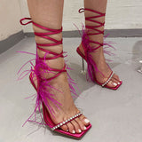 Myquees Fluffy Feather Rhinestone Lace Up Clear Heels