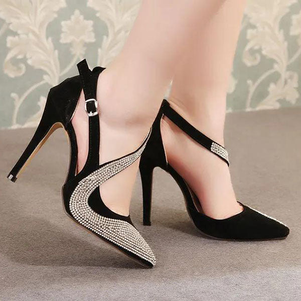 Myquees Glitter Strappy Rhinestone Pointed Toe High Heels
