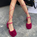 Myquees Square Toe Fuzzy Chunky Heeled Lace-Up Pumps