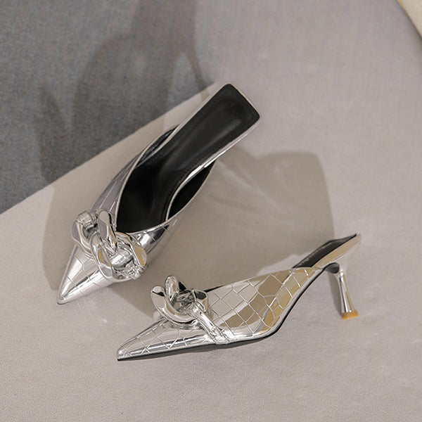 Myquees Pointed Toe Metal Chain Pumps Slides