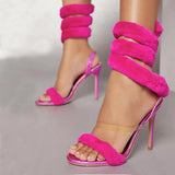 Myquees Stylish Snake Wrap Fur Stiletto Sandals