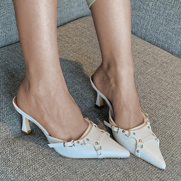 Myquees Pointed Toe Punk Rivet Buckle Mid Heeled Slides