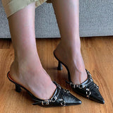 Myquees Pointed Toe Punk Rivet Buckle Mid Heeled Slides