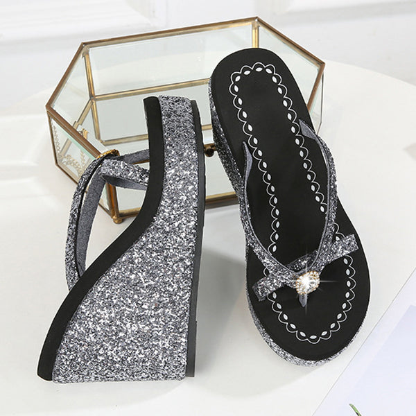 Myquees Bling Sequined Crystal Super High Heeled Flip Flops