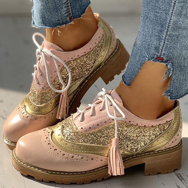 Myquees Lace-Up Sequins Insert Chunky Heeled Boots