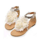 Myquees 3D Flower String Beads Ankle Straps Flat Sandals