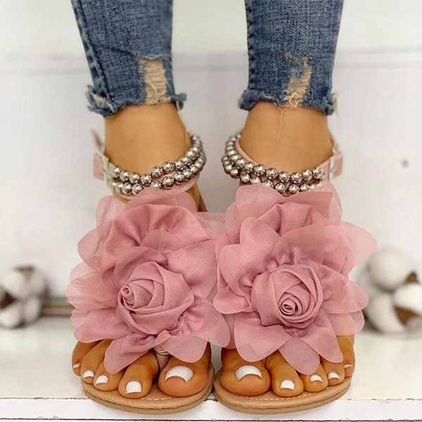 Myquees 3D Flower String Beads Ankle Straps Flat Sandals