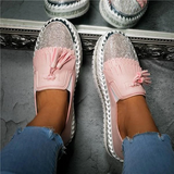 Myquees Trendy Sparkle Rhinestones Tassel Slip On Platform Loafers