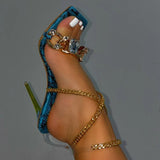 Myquees Noble Gold Chain Large Crystal High Heel Sandals
