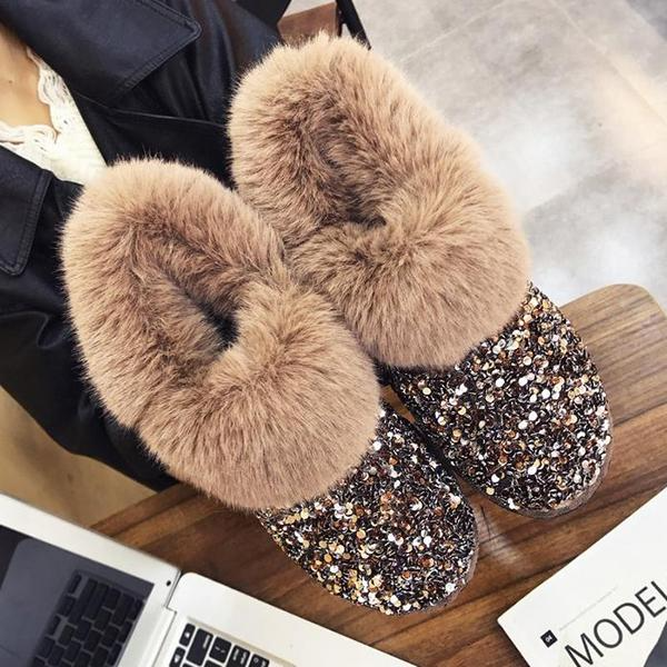 Myquees Faux Fur Sequin Flat Ankle Boots Side Zipper Short Booties
